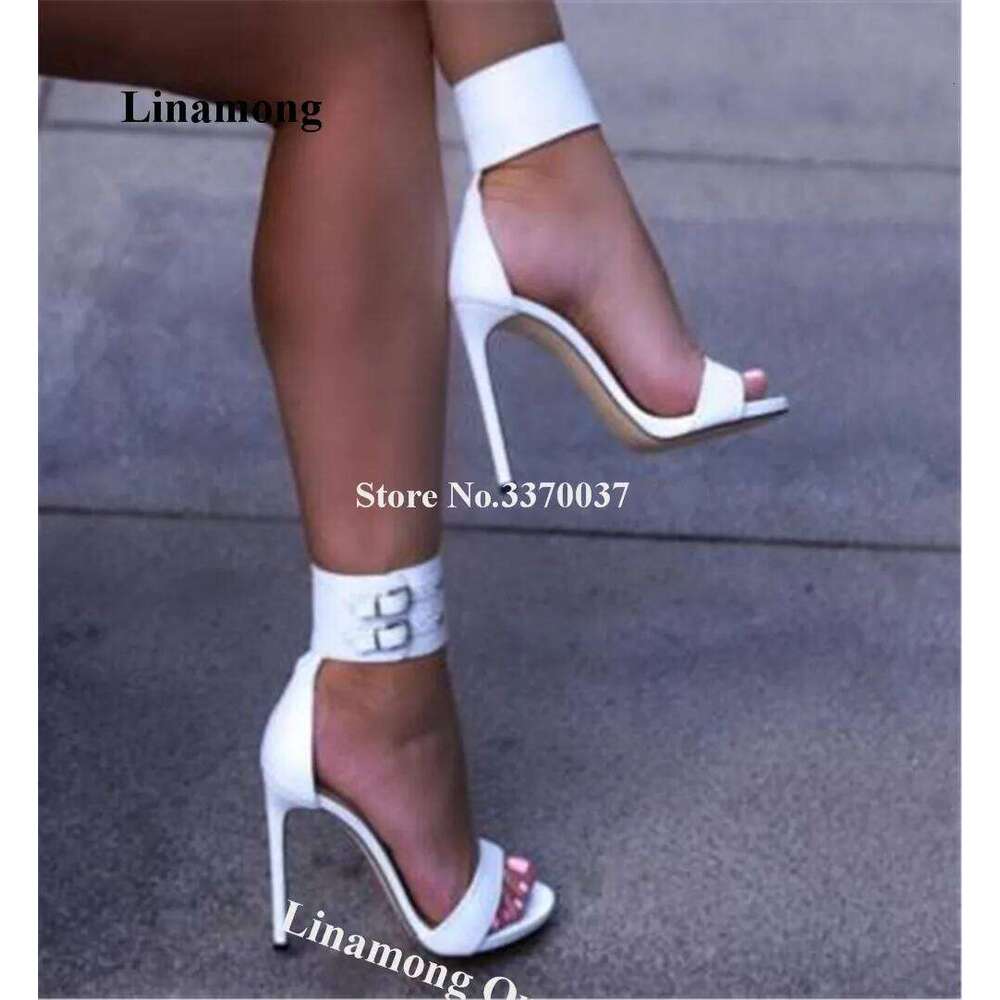 White Black Ankle Wrap Linamong Elegant Women Open Toe Matte Leather Stiletto Heel Gladiator Sandals Party Dress Heels