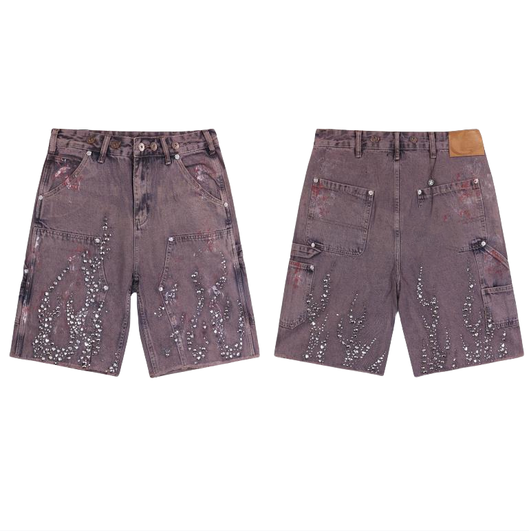 Men's Shorts Y2K Retro Black Denim Shorts Men Women Harajuku Fashion Rhinestone Rivet Loose Short Pants Gothic Fashion Raw Edge Washed Shorts