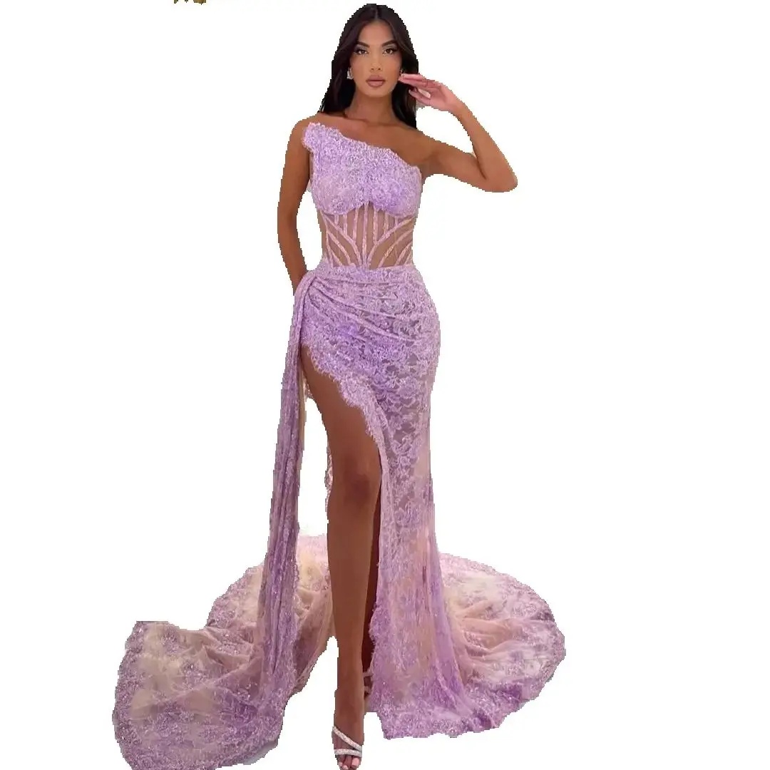Sexy Sequins Lace Mermaid Prom Dresses Illusion Bone Bodice Strapless Party Dresses Side Slit Customized Evening Dress