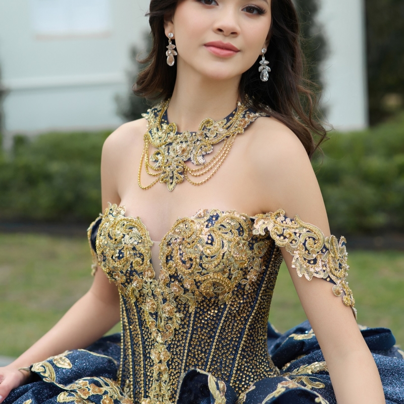 Navy Blue Sparkly Princess Quinceanera Dresses Off Shoulder Ball Gown Gold Appliques Lace Beading Bow Tull Sweet 16 Dress Vestidos De 15 Anos