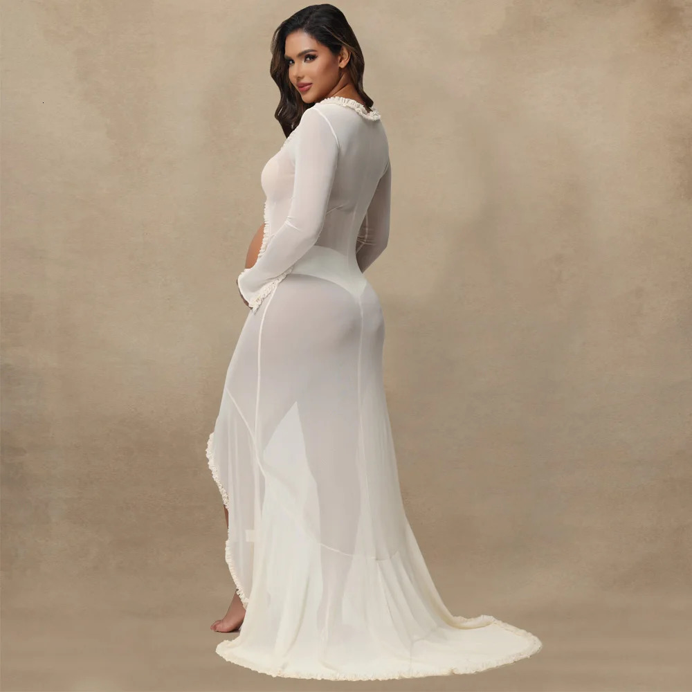 Maternity Sheer Lace Ruffle Ruched Dress Long Sleeve Sexy Slit Belly Gowns Pregnant Dress For Poshoot Simple Baby Shower 250530