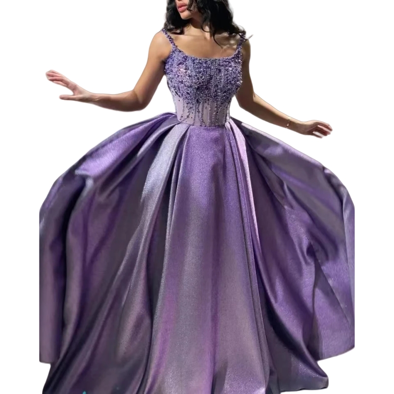 Chic Arabic Purple Glitter Prom Dresses Beaded Satin A-Line Evening Gowns Spaghetti Straps Corset Sequins Pearls Long Birthday Party Dress