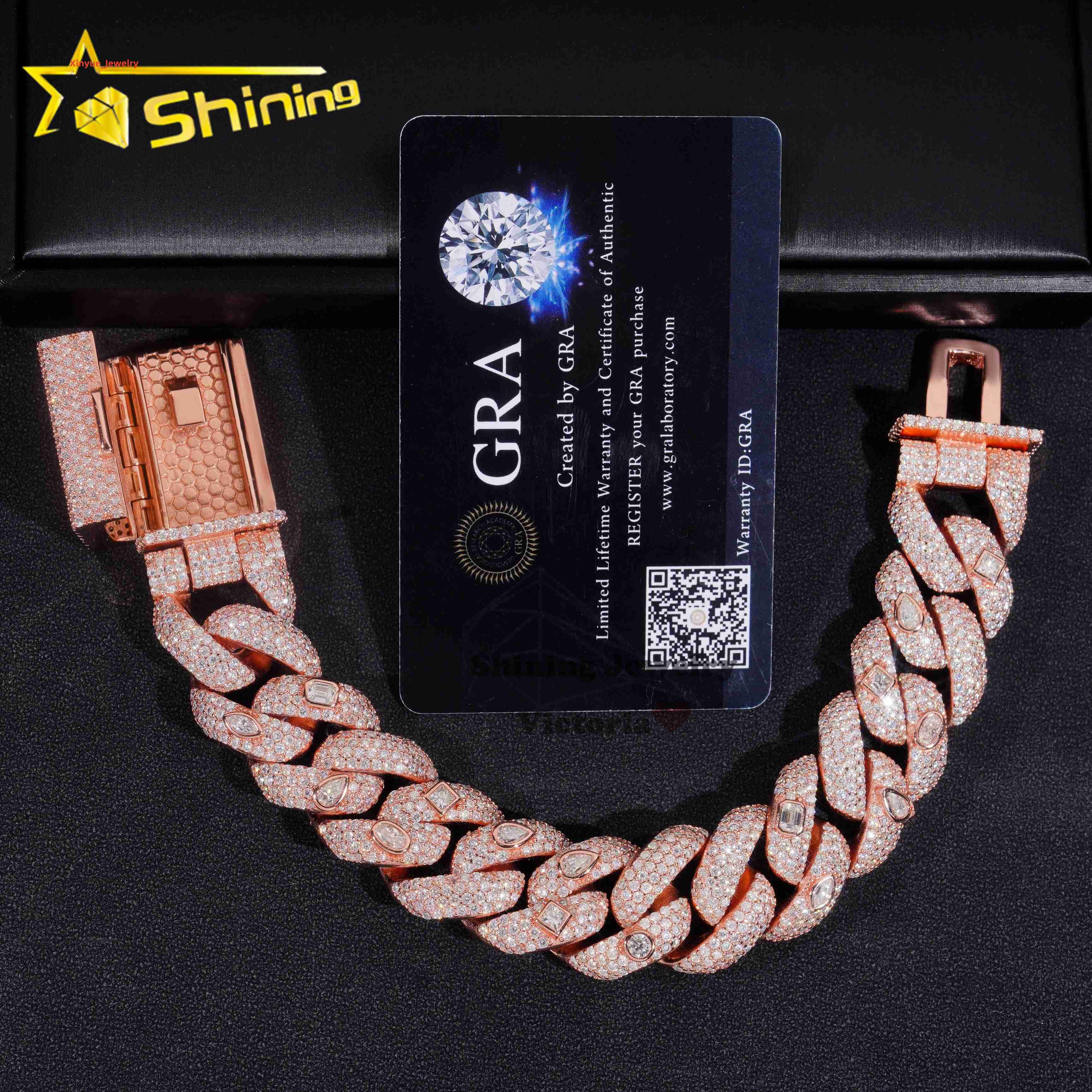 Pass Diamond Tester New Design Fine Jewelry 20MM Rose Gold Plated Moissanite Diamond Cuban Link Bracelet With Fancy Cut Stones