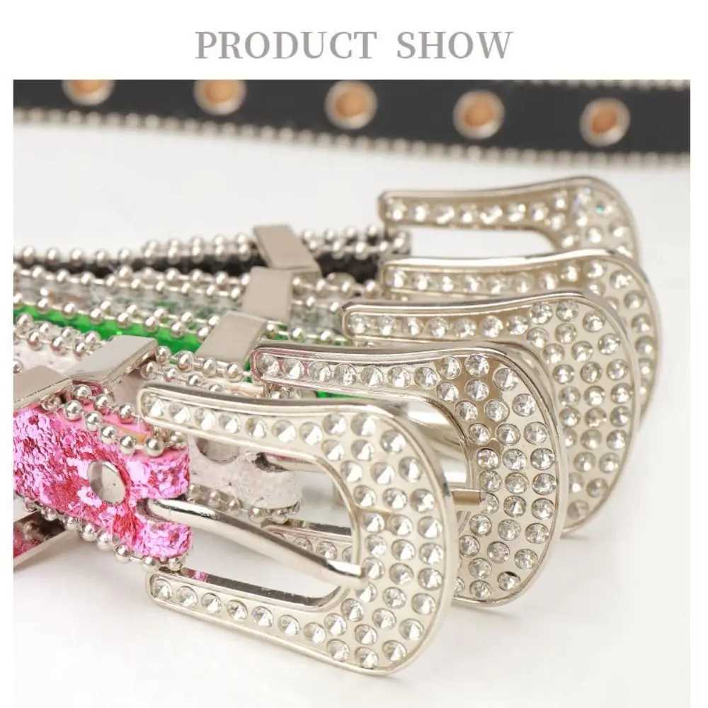 Street Style Sparkling Rhinestone Womens Belt Adjustable Length Glitter Waistband Imitation Leather Belt for y2k Girls W250604