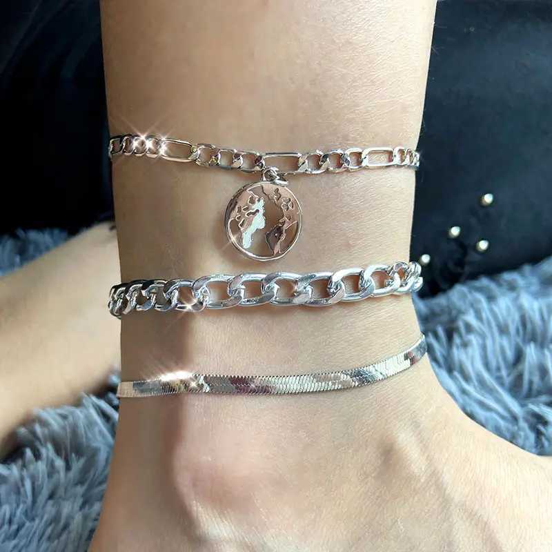 3pcs/set Gold Silver Color World Map Anklets For Women Bohemian Multilayer Anklet On Leg Fashion Beach Jewelry Foot Accessories W250604