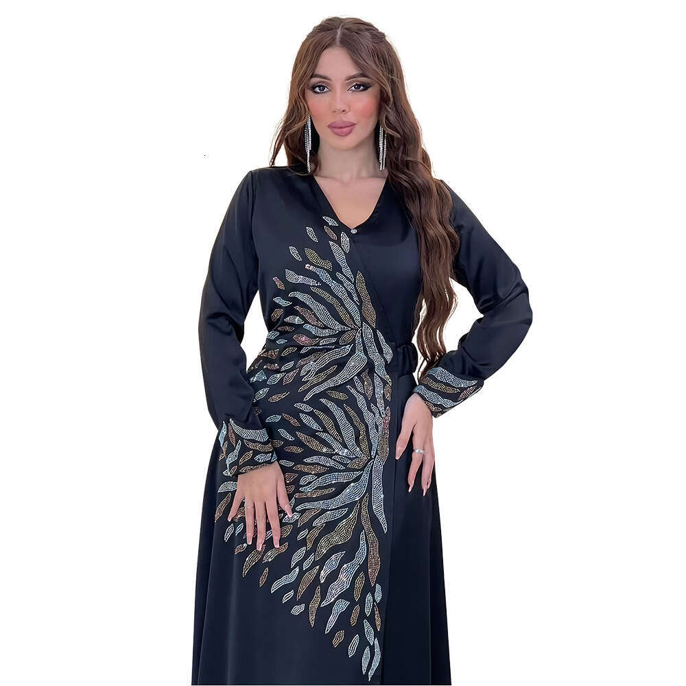 Because0177 Fashion Rhinestone Abaya Satin Evening Dress Dubai Arabic Open Front Robe B5