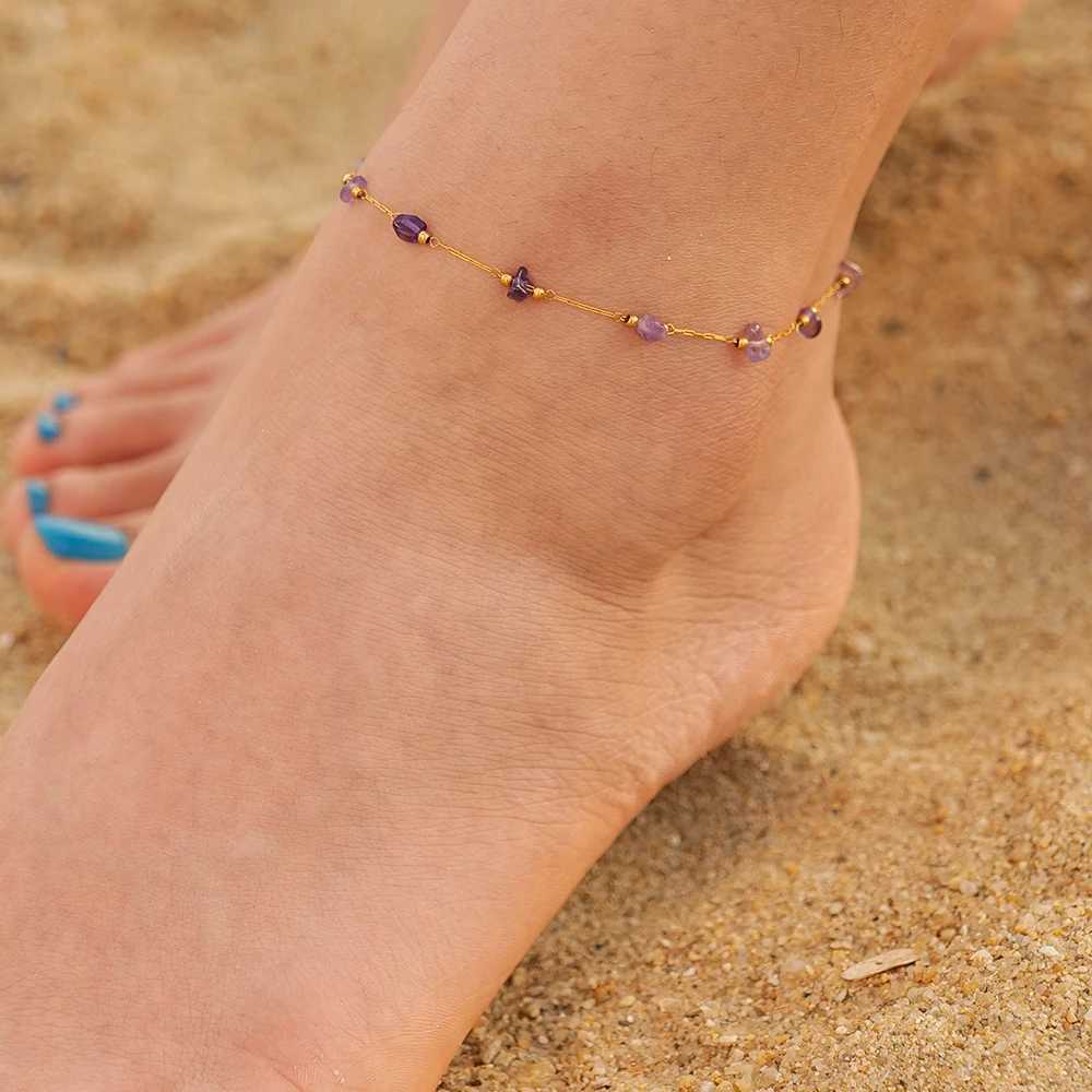 Summer Bohemia Natural Stone Anklet For Women Beach Classic Purple Gravel Stainless Steel Bracelet Jewelry Waterproof Gift W250604