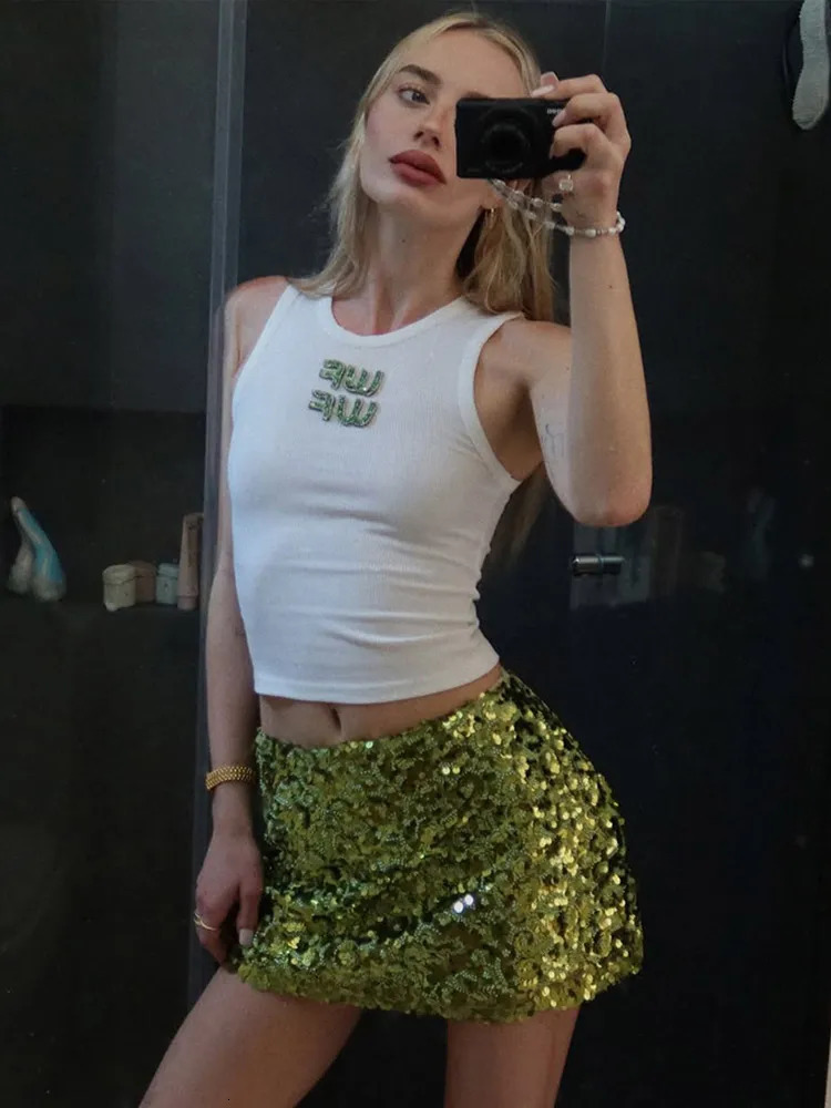 Women Shiny Green Sequins Mini Skirt Fashion High Waist Bodycon Short A-line Skirts 2025 Lady Sexy High Street Partywear 250603