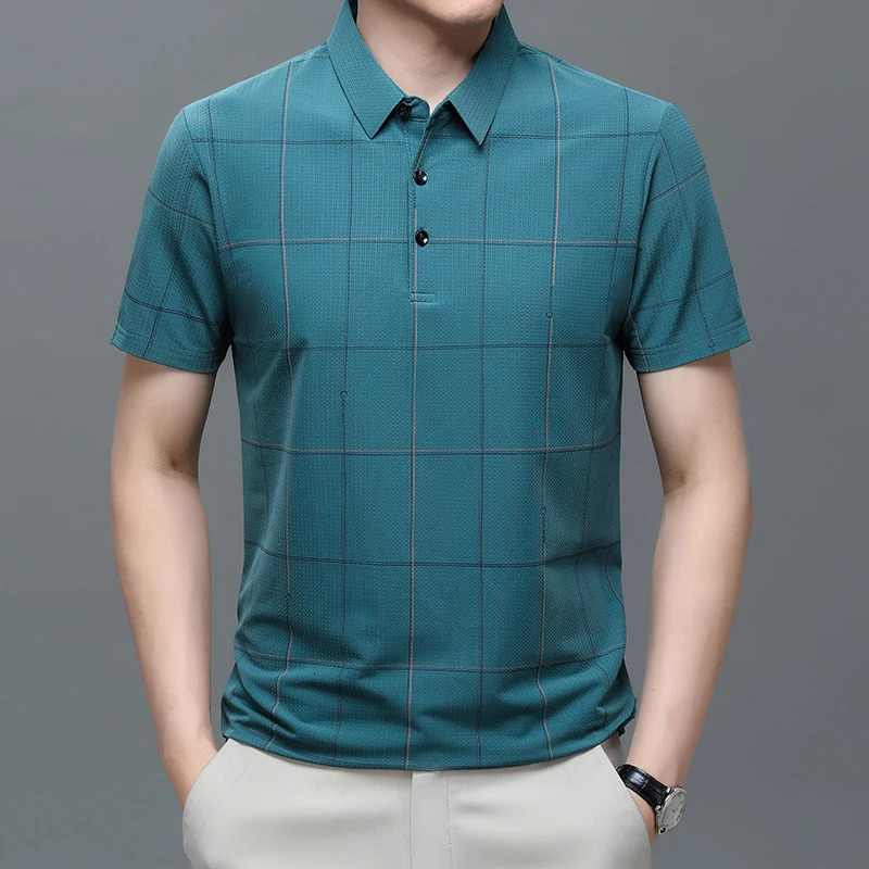Plaid High Elastic Breathable Mens Polo Shirts Short Sleeve Silky Summer Quality Soft Comfortable Casual Lapel Camisas De Hombre 250604Z