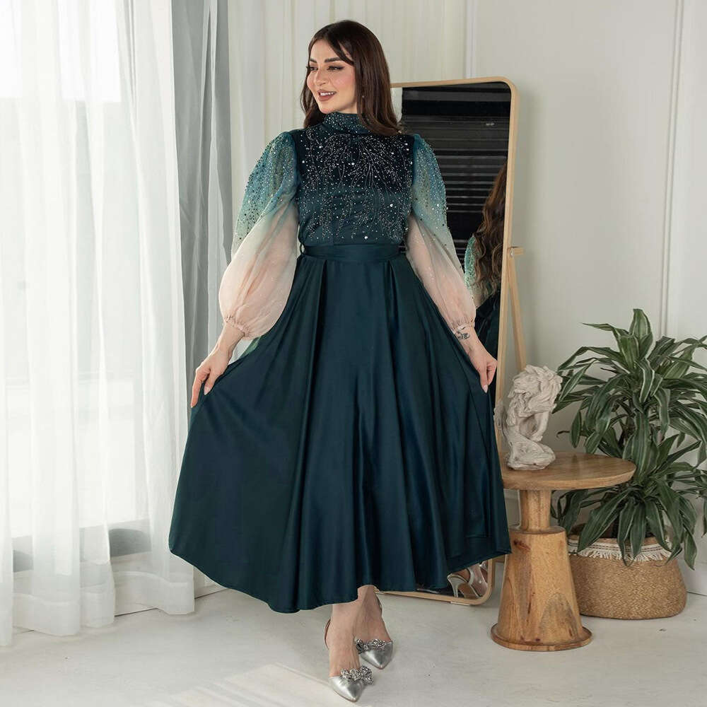 Because0287 Jalabiya Muslim Rhinestone Robe Puff Sleeve Evening Dress Gradient Color Gown B5