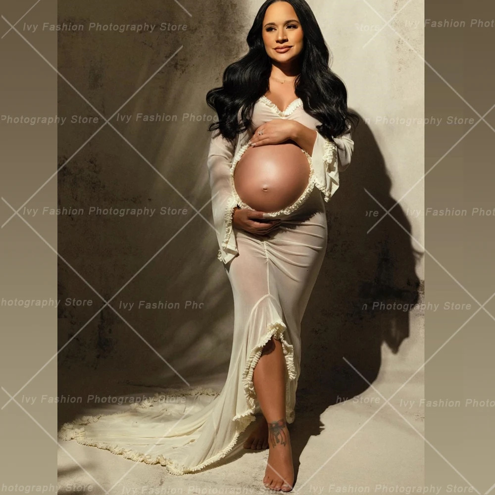 Maternity Dress Gown For Po Shoot Sexy Transparent Ruffle Pregnant Woman Belly Hollowed Out Long Sleeved Baby Shower Dress 250530