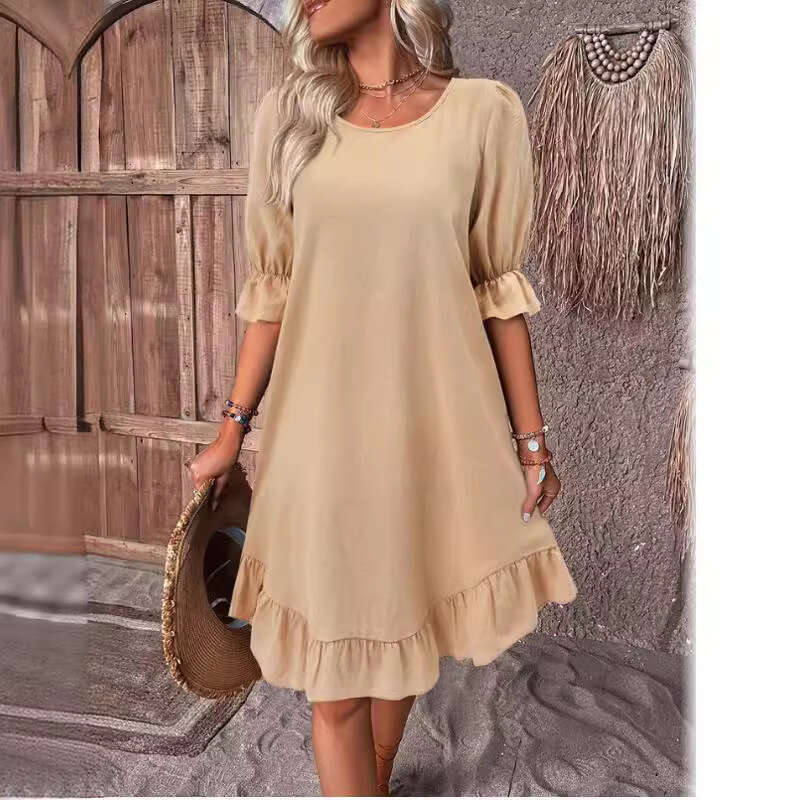 Spring Summer Women's Cotton Linen Mid-Sleeve Round Neck Solid Color Loose Fit Dress B5