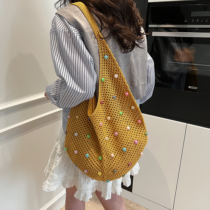 designer Lazy Style Beaded Woven Bag for Women 2025 New Simple Cute Single Shoulder Handbag Large Capacity Tote Bag