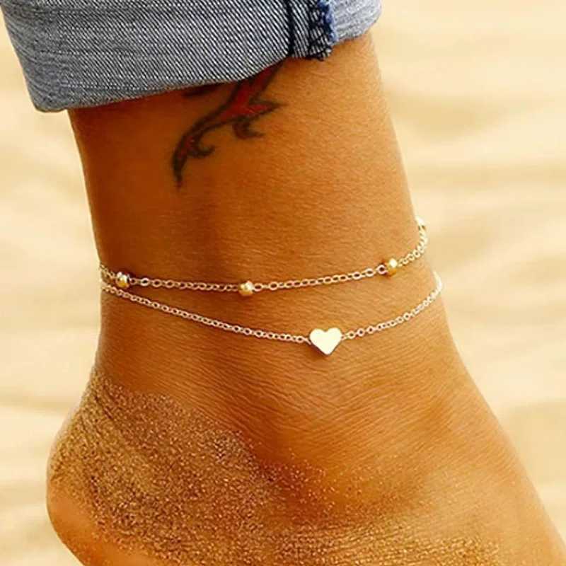 Vintage Double Layers Chain Heart Charm Anklets for Women Girls Bohemia Bracelets Summer Barefoot Sandals Jewelry On Foot Leg W250604