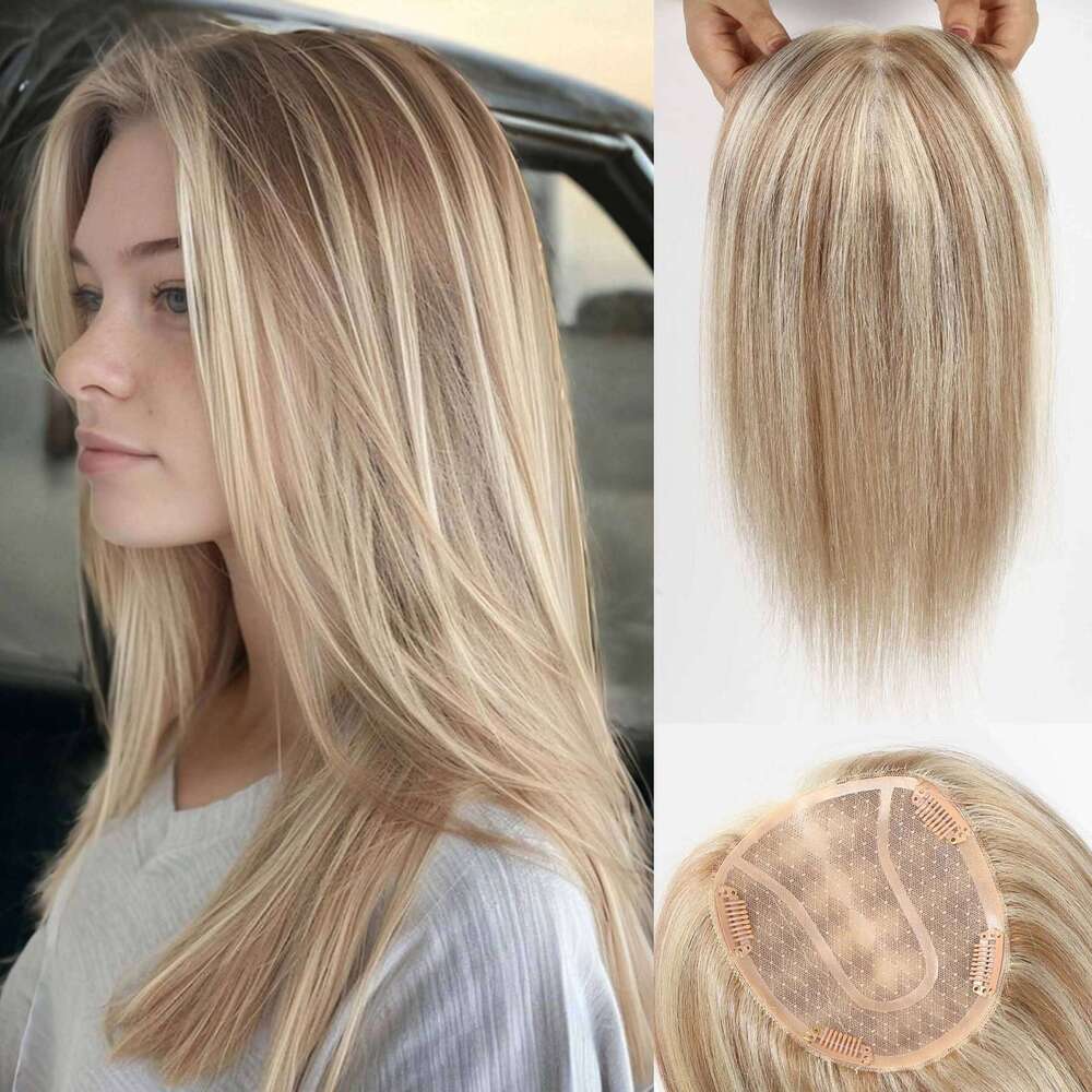 14inch Blonde Mixed Brown Topper with 4 Clips 100% Remy Mono Lace Base Human Toppers for Women Pieces Hair Extensions