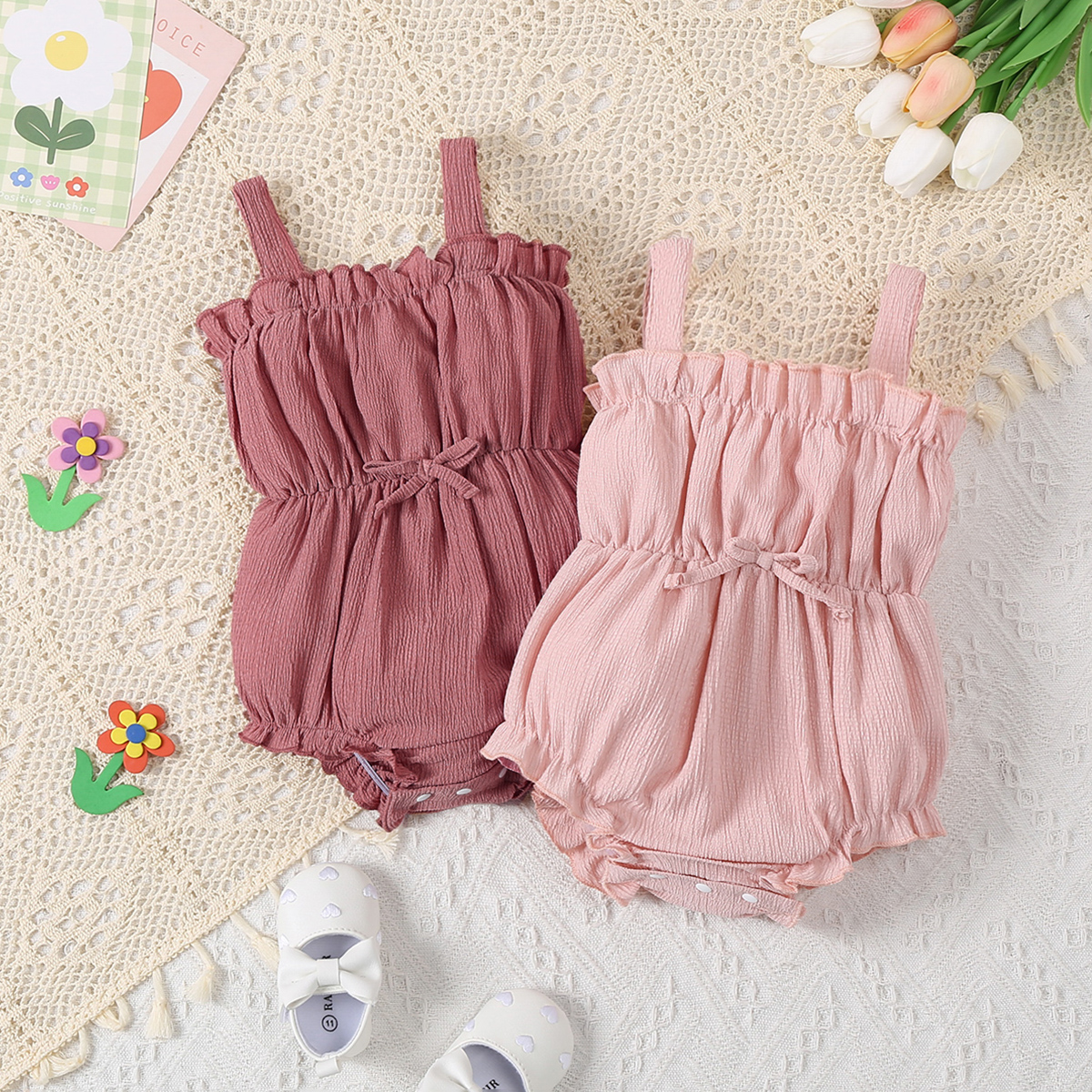 Two Pieces Girls' Fashion Pure Pink Color Baby Onesie Set with Soft Fabric & Stringy Selvedge Triangle Romper for Summer Outdoors