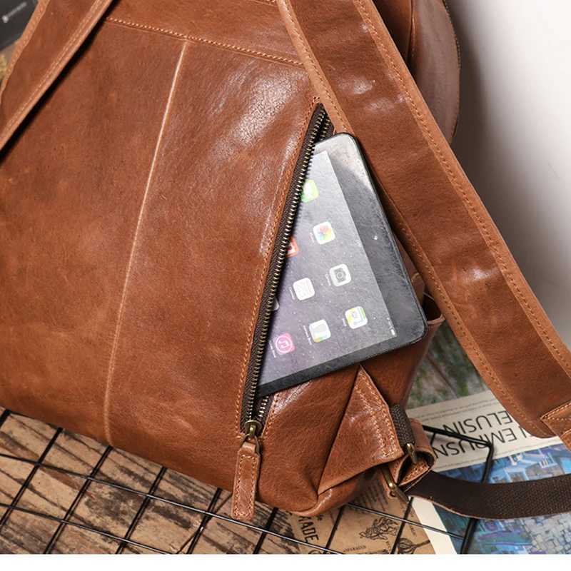 Vintage Men and Ladies Outdoor Travel Backpack School Book Cowhide Backpack Brown Zipper 14 Inch Computer Notebook Bag W250603