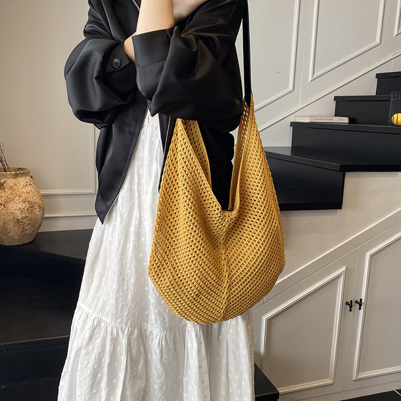designer Summer Korean Niche Fashion Versatile Woven Rope Hollow Tote Design Mesh Handbag Mother and Child Bag Single Shoulder Large Bag