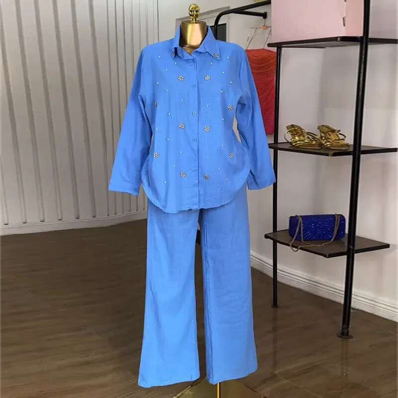 Sweet Fresh Summer Women's Fashion Pearl Embellished Long Sleeve High Waist Straight Leg Pants Two Piece Set Polyester Fiber