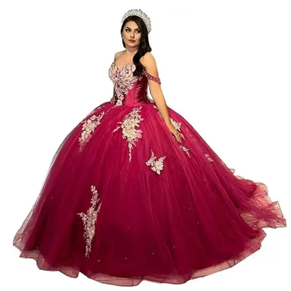 Luxury Giltter Red Vestidos De Quinceanera Dresses 2025 Off The Shoulder Sequin Plus Size Rufflwa Princess Prom Party Gowns 06