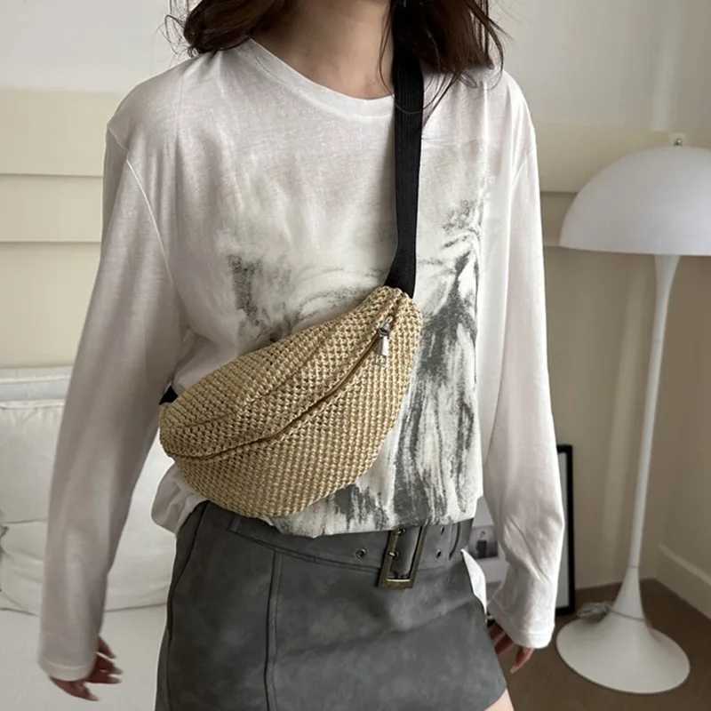 Half Moon Straw Woven Waist Bag Bohemian Vacation Beach Anti-theft Woven Handbag Large Capacity Adjustable Chest Bag W250604