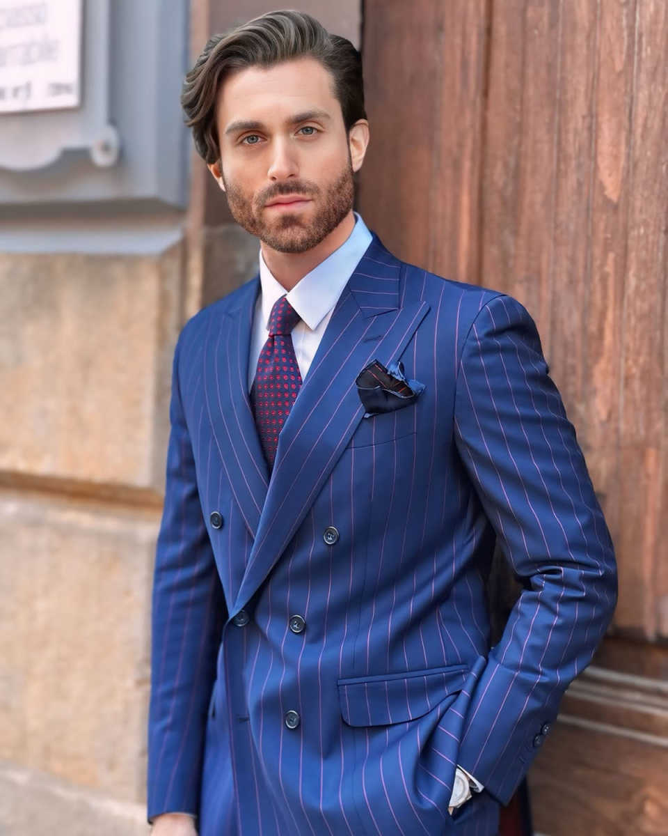 Fashion Pinstripe Wedding Tuxedos 2 Piece Set Jacket Pants Peaked Lapel Men Suit Handsome Customized Groom Wear Party Suits