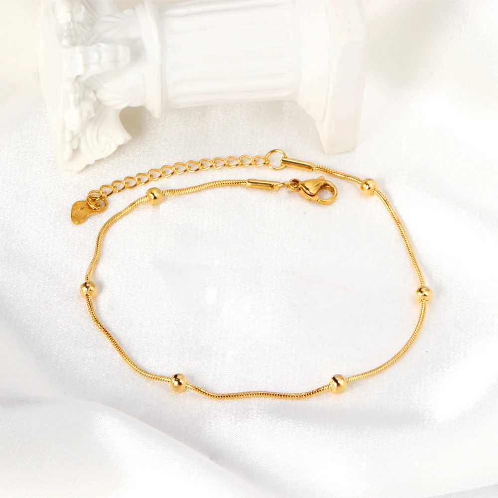 LUXUSTEEL Vintage Ball Beads Charm Snake Chain Anklets Foot Bracelets Women Golden Plated Stainless Steel Summer Beach Jewelry W250604
