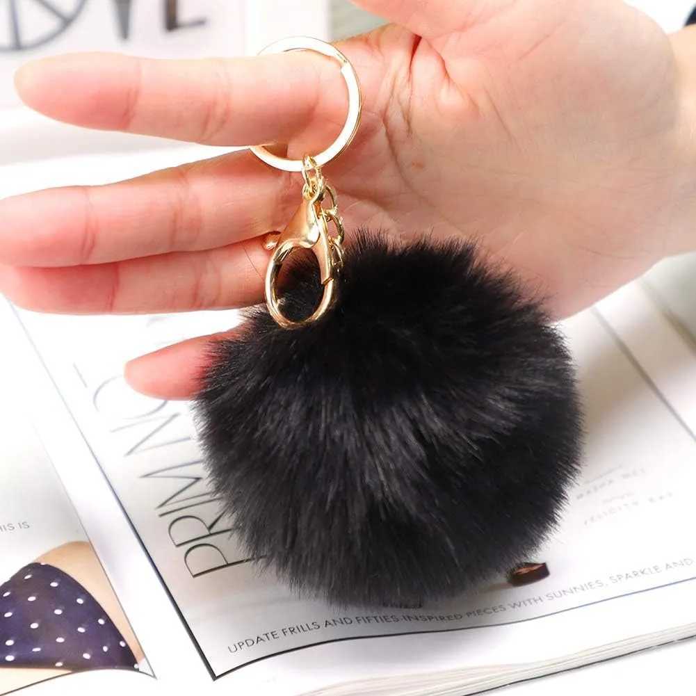 Golden Lobster Clasp Keychain with Black Plush Ball - Durable Metal Hook Soft Stylish Accessory for Keys/Purse W250604
