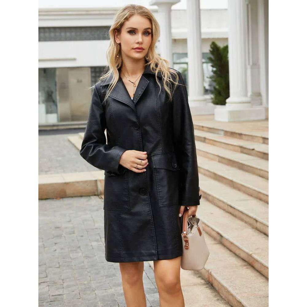 New In Autumn Winter Fashion Black Long Leather Jacket Women 2024 Elegant England Style Trench Coat Single Breasted Outerwears