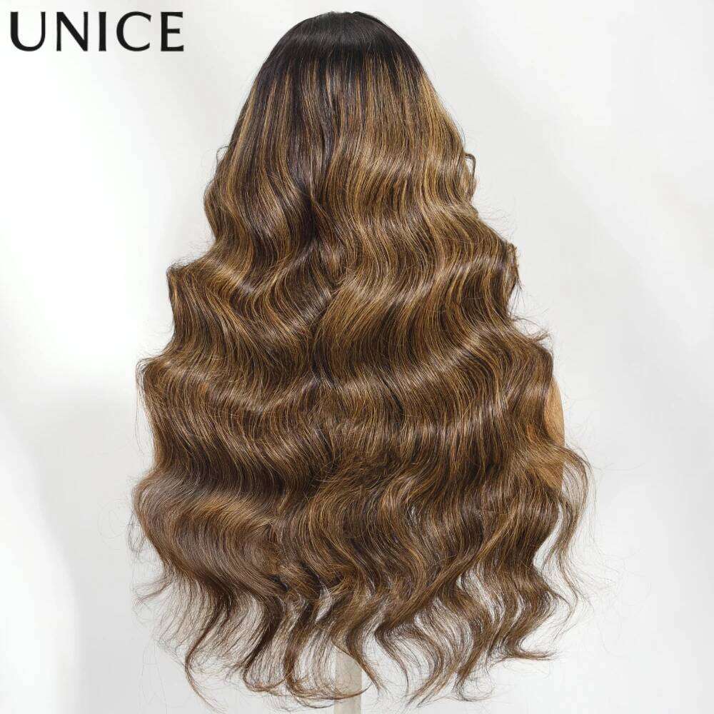 UNice Balayage Highlights Fluffy Loose Wave Curtain Bangs With Drawstring Glueless 7x5 13x4 Human Hair Lace Frontal Wig