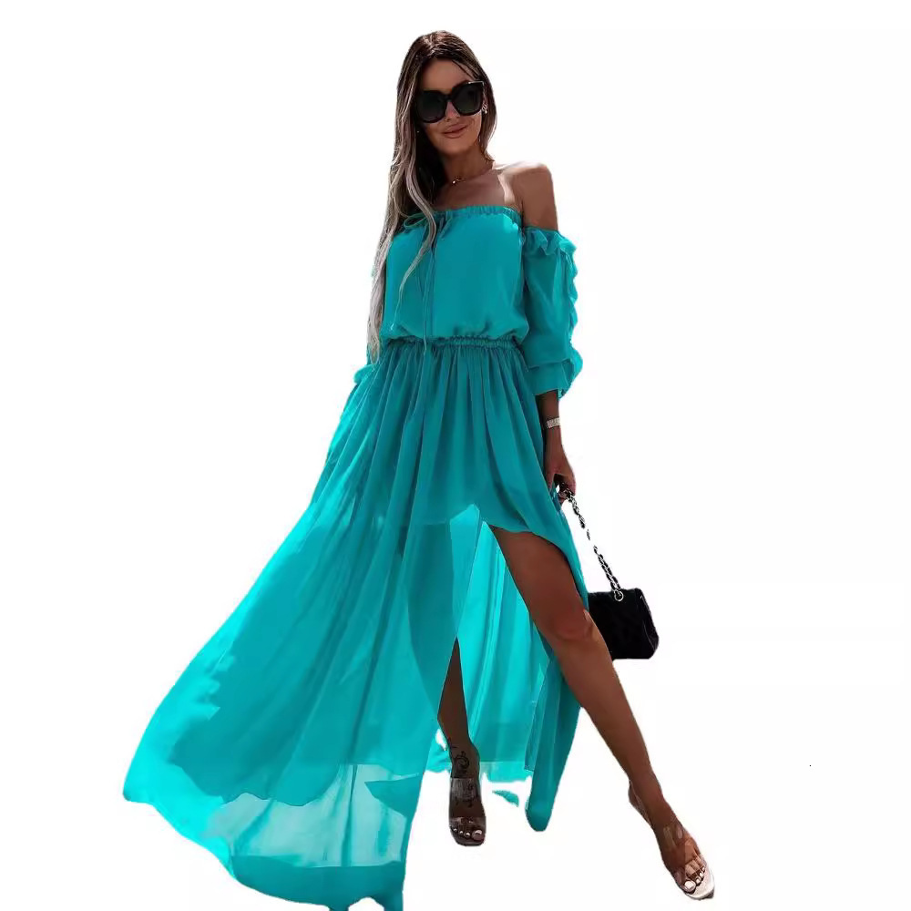 Summer Elegant Solid Ruffled Maxi Dress Women Chic Off Shoulder High Waist Beach Robe Vacation Lady Evening Party Vestidos 240715