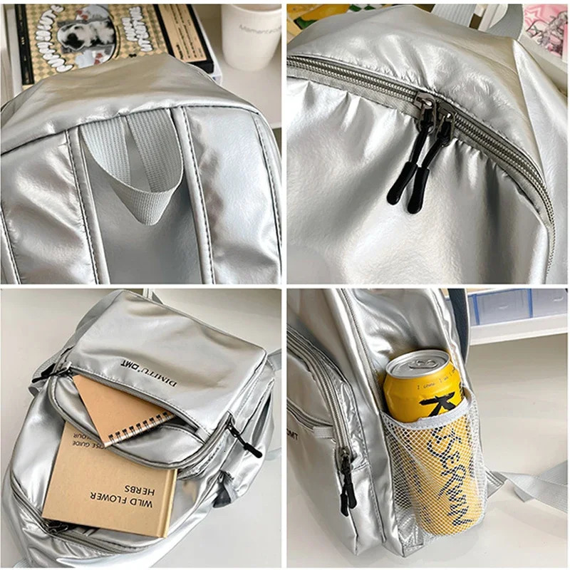 Large Capacity Shoulder Backpack Silver Nylon Commuting Backpack Women College Students Waterproof Lightweight Travel Schoolbag 250530