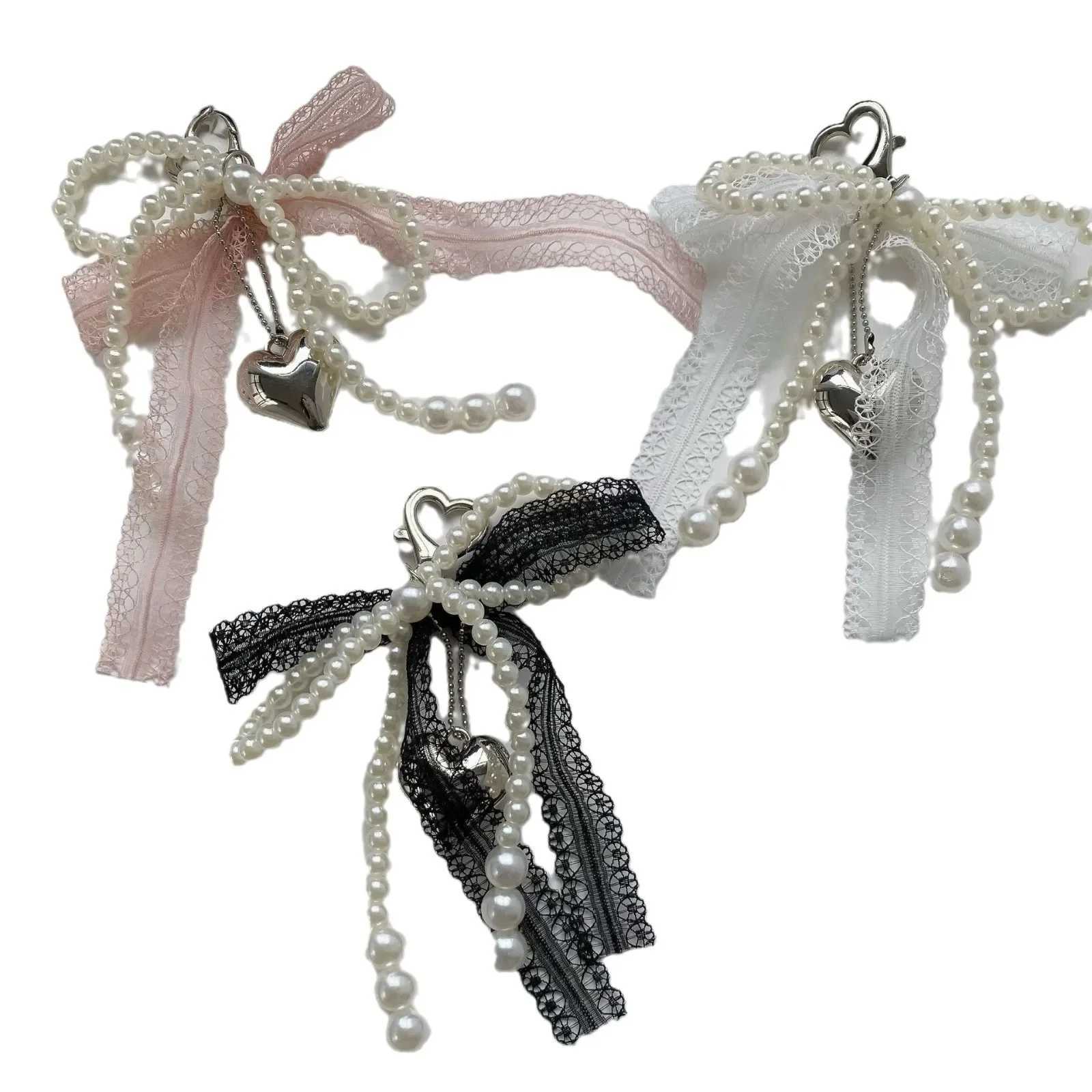 2025 Imitation Pearls Lace Bowknot Keychain Sweet Beaded Pendant Keyring for Women Handbag Backpack Key Chain Exquisite Ornament M250604