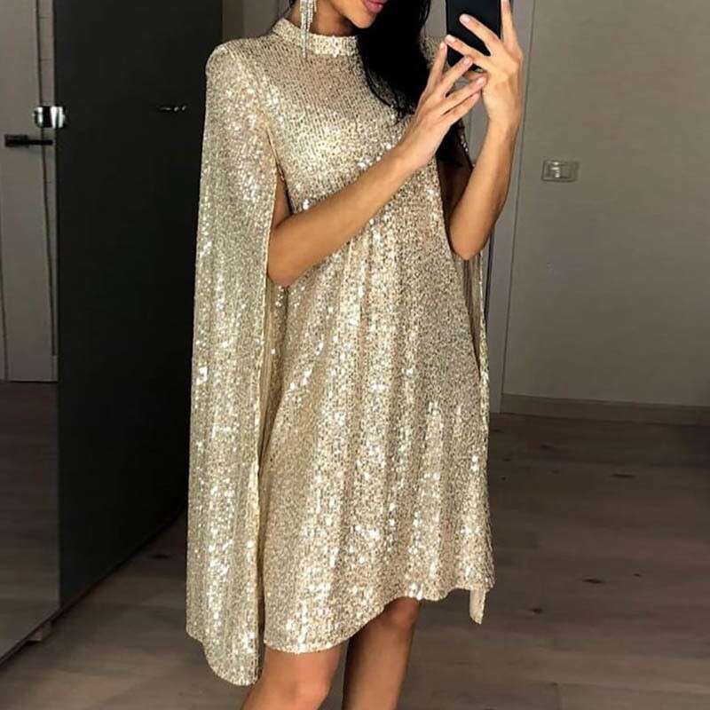 Spring New Style Small Stand Collar Sequin Dress Loose Women's Fashion B5