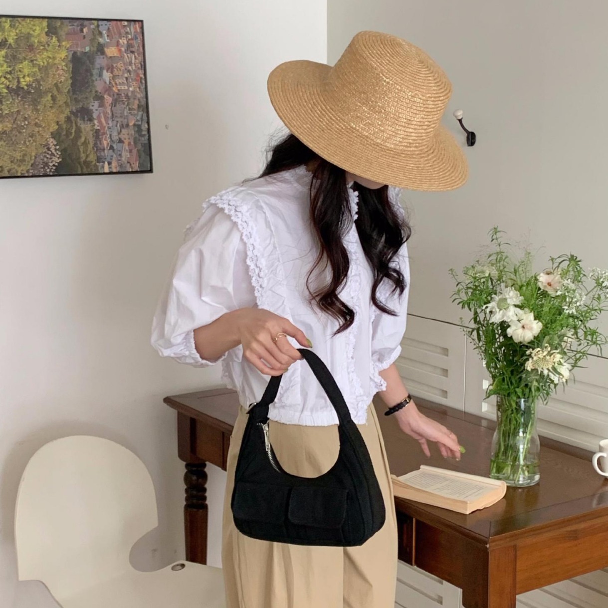 Spring/Summer New Korean Sweet Cool Pocket Canvas Bag Motorcycle Bag Handbag Underarm Women's Shoulder Bag Designer Crossbody Bag