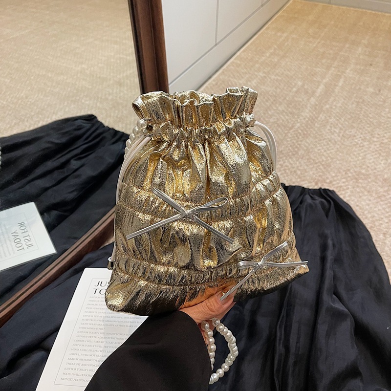 designer Trendy Fashion Bowknot Pleated Large Capacity Bucket Bag 2025 New Beaded Bright Color Travel Shoulder Crossbody Bag