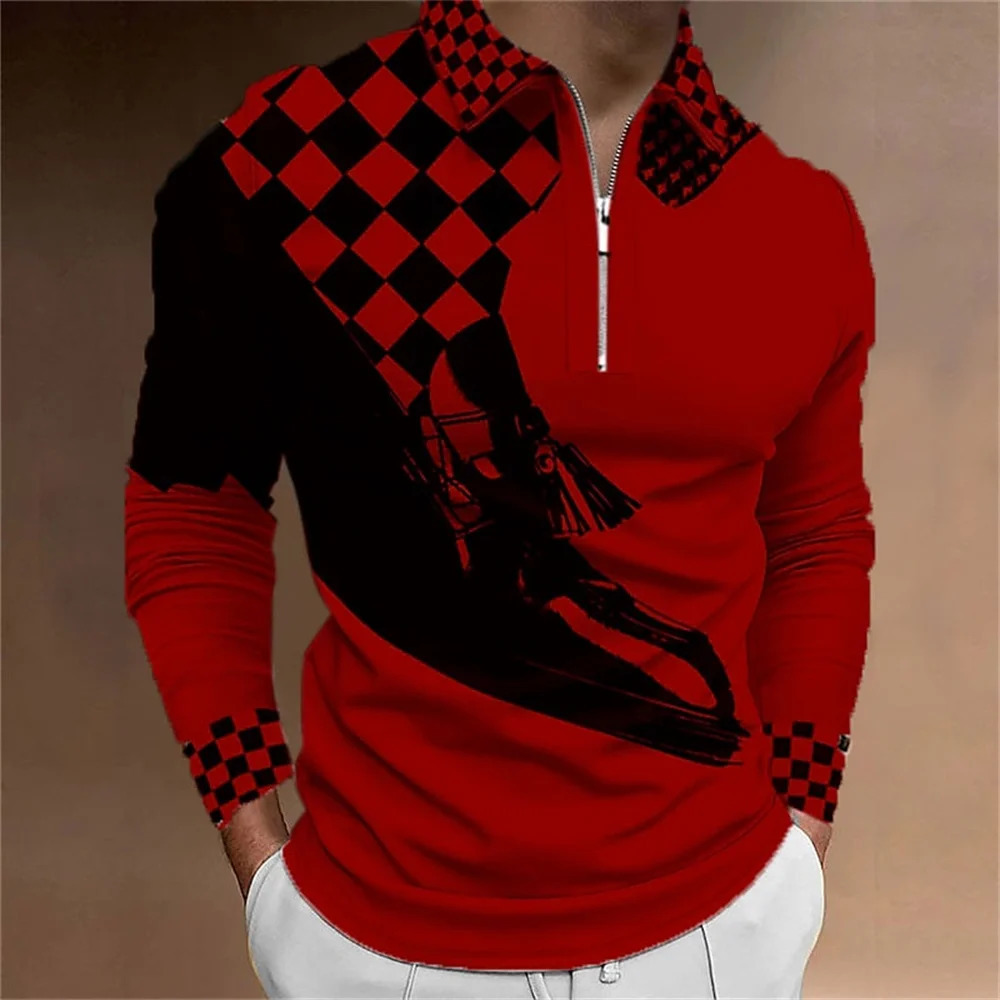 Mens Polo Shirt Golf Plaid Prints 3D Print Street Long Sleeve Zipper Clothing Apparel Sports Fashion Streetwear 250604Z