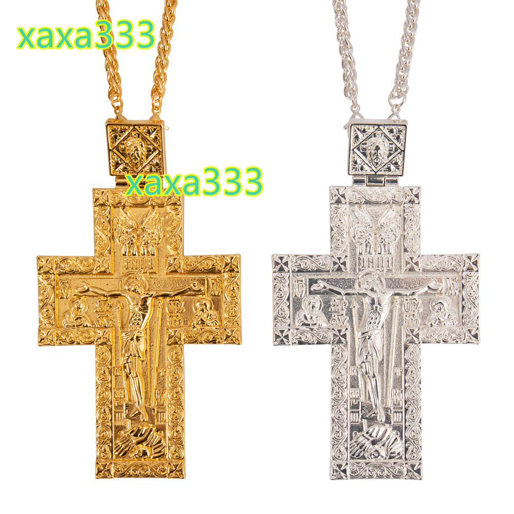 ZD057 Luxury Orthodox Greek Design Alloy Carved Pectoral Cross Necklace for Priests Gift with Gold Silver Plating