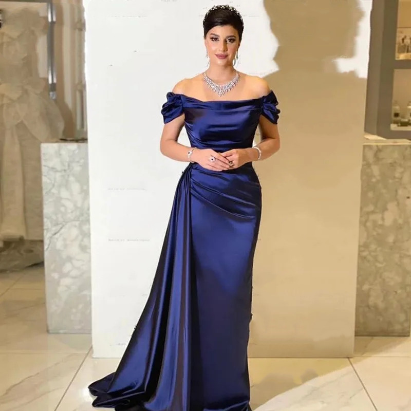 Tianmei Elegant Navy Blue Evening Dress Boat Neck Short Sleeve Prom Dress With Train Satin Prom Gowns For Women Off Shoulder