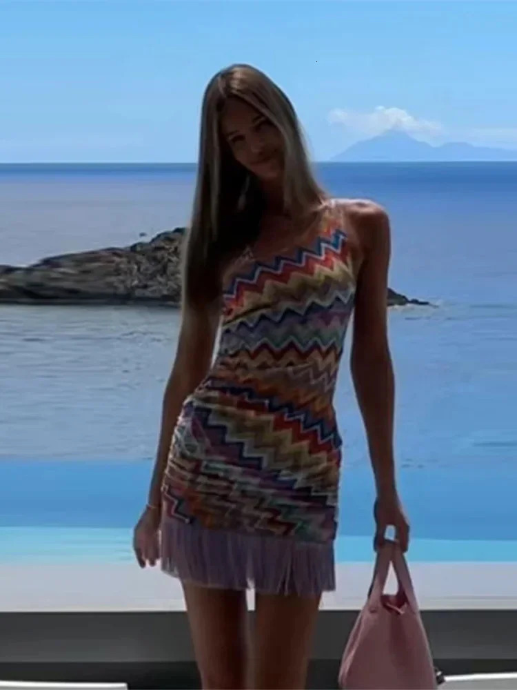 Multicolour Printed Tassels Chic Dress Cozy Backless Skinny Sleeveless High Waist Halter Sling Dresses For Female Y2k Beachwear 250604