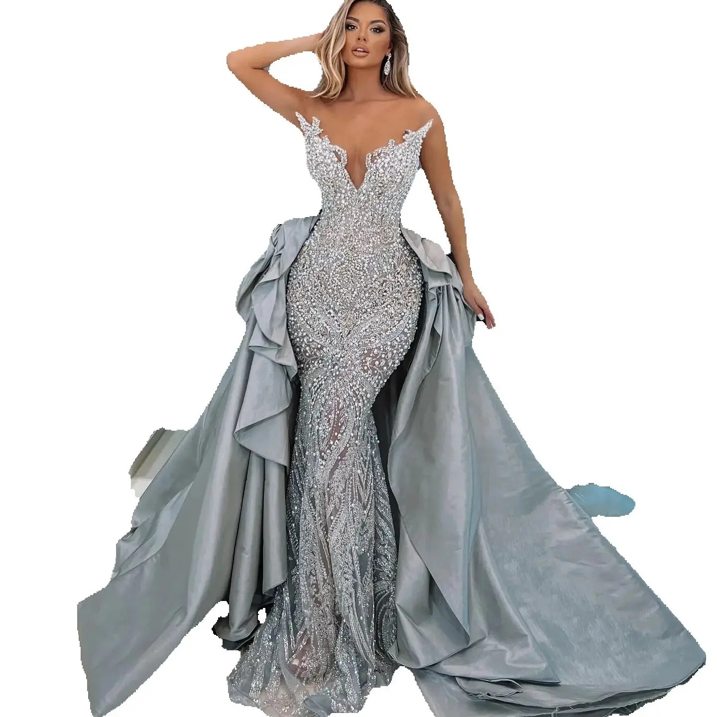 Luxury V Neck Pearls Mermaid Evening Dresses Elegant Sleeveless Crystal Prom Dress Detachable Train Party Gown Customized