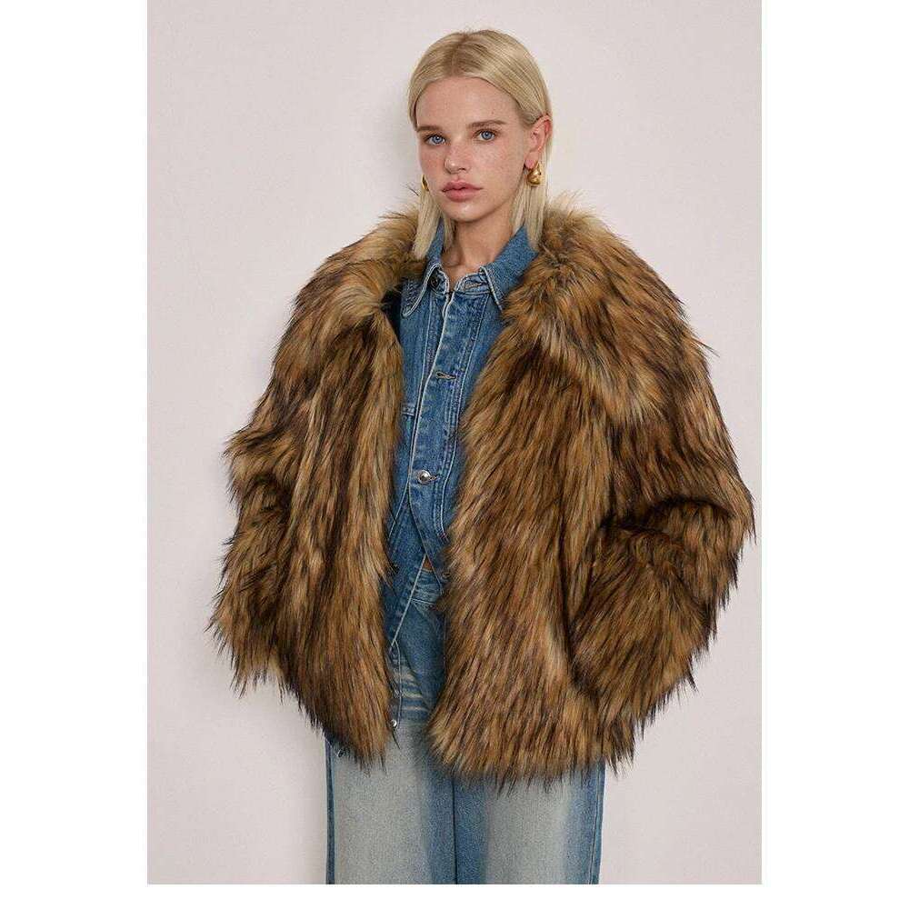 Brown Lapel Fluffy Jacket Winter Warm Women's Retro Loose Environmental Mink Faux Fur Short Plush Coat Overcoat