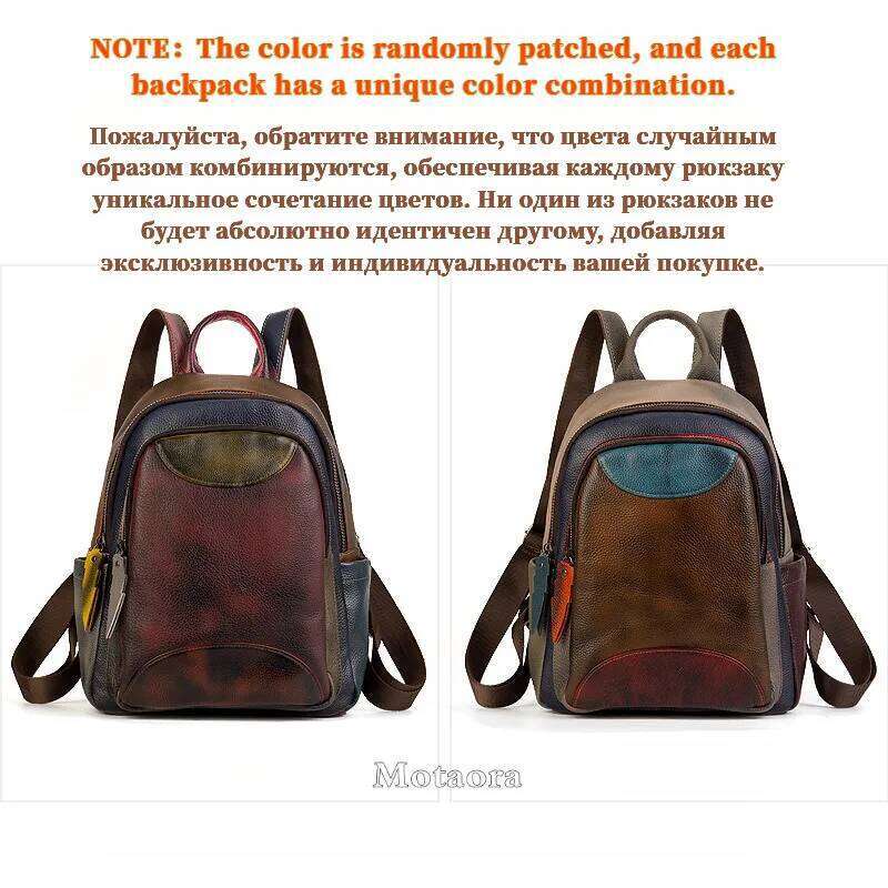 MOTAORA 2025 Soft Cowhide Leather Backpack Large Capacity Two-Tone Spliced Hand Painted College Student Travel Hiking Casual Bag