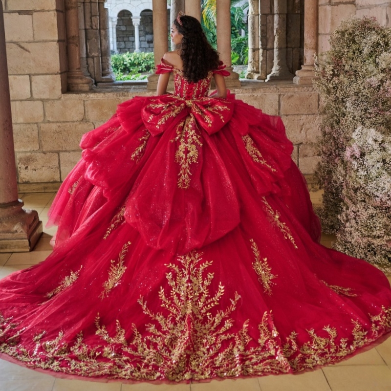 Red Quinceanera Dresses Ball Gown Gold Applique Lace Beads Bow Tull Party Birthday Sweet 16 Vestidos De XV 15 Anos