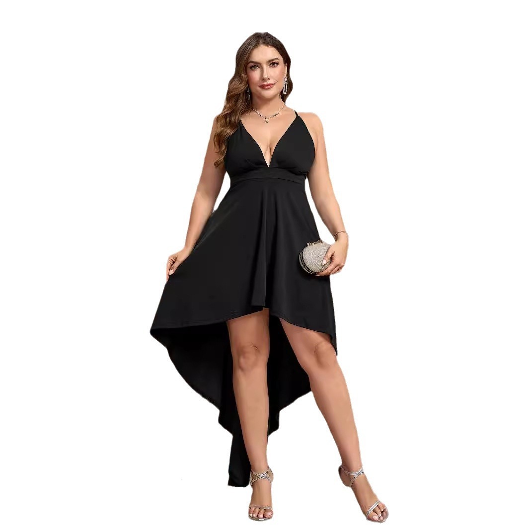 Large size dress new solid color suspender V-neck backless irregular skirt lace up dress