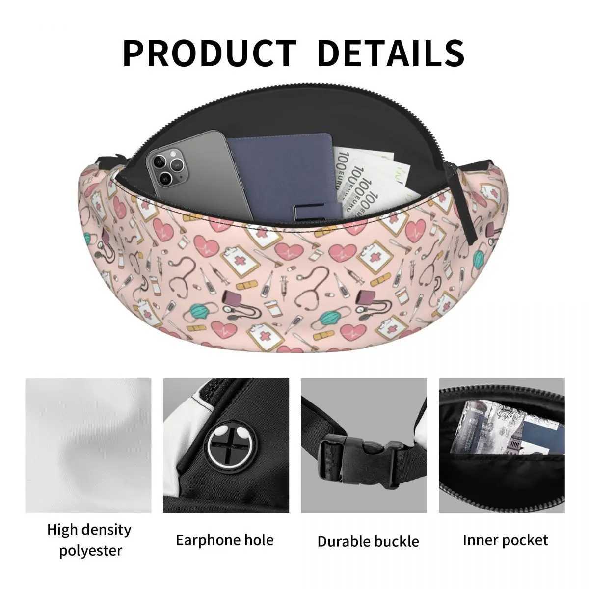 Custom Cool Funny Nurse Pattern Fanny Pack for Cycling Camping Women Men Health Nursing Crossbody Waist Bag Phone Money Pouch W250604