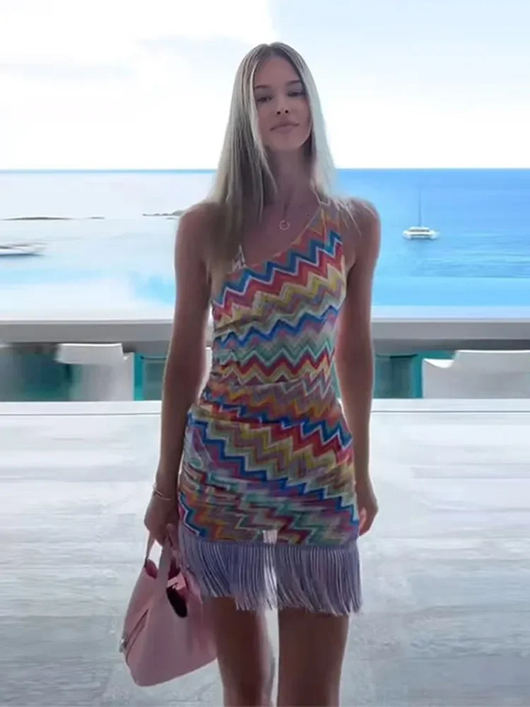 Multicolour Printed Tassels Chic Dress Cozy Backless Skinny Sleeveless High Waist Halter Sling Dresses For Female Y2k Beachwear 250604