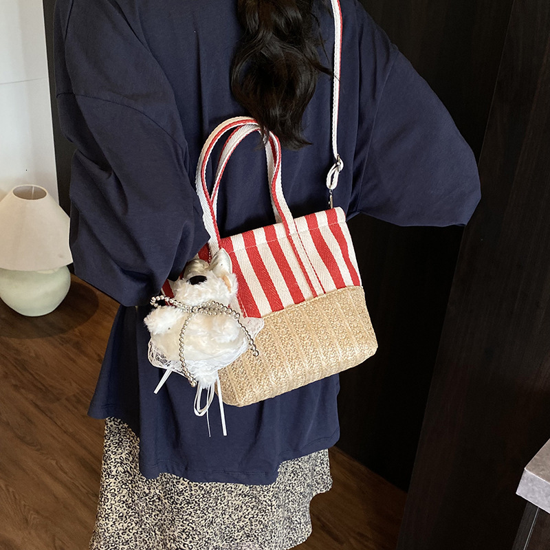 designer Canvas Patchwork Straw Woven Handbag for Women 2025 New Trend Striped Beach Bag Underarm Shoulder Bag Casual Tote Bag