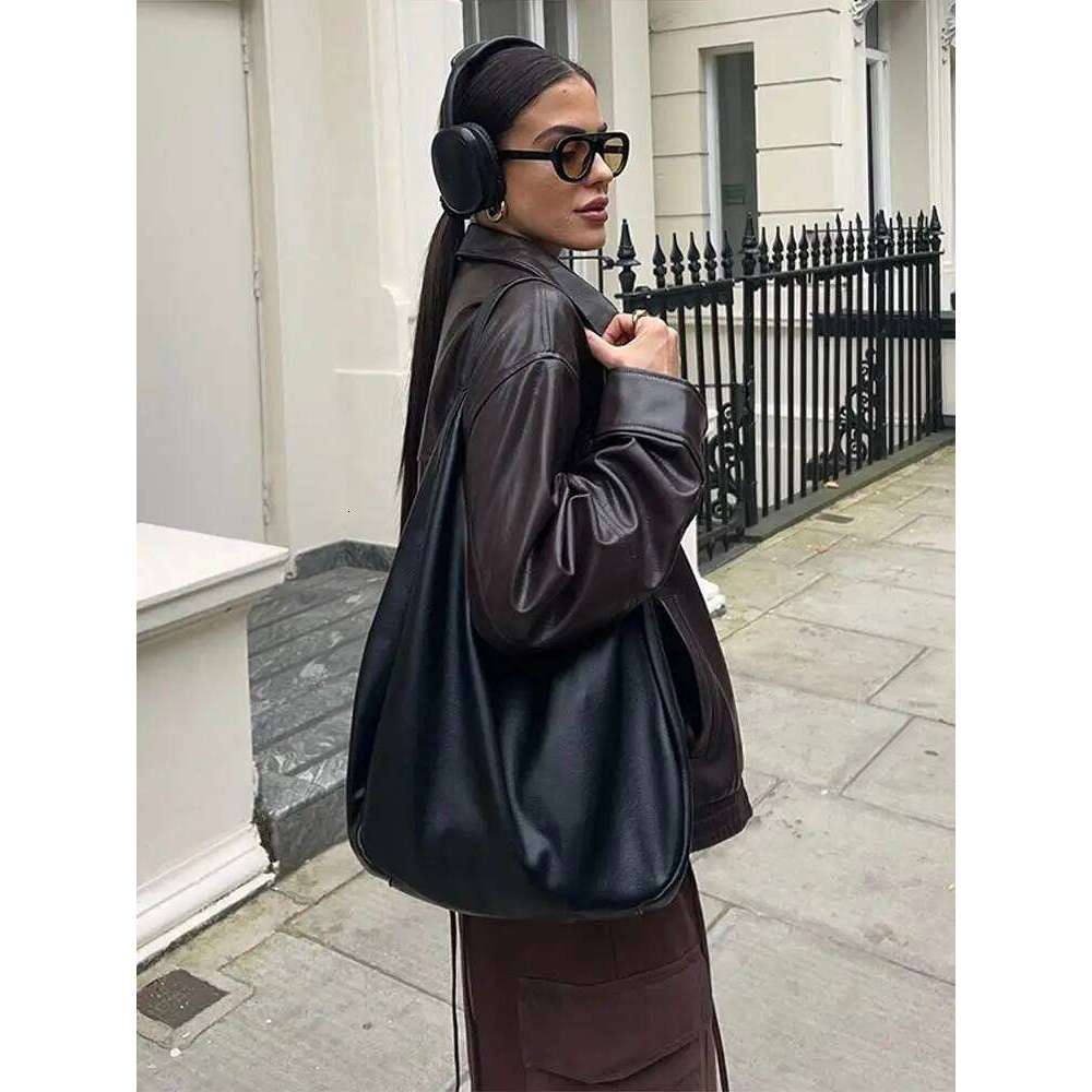 Vintage Pu Leather Women's Jackets With Zipper Casual Loose Lapel Full Sleeve Pockets Female Coat High Street Lady Outerwears