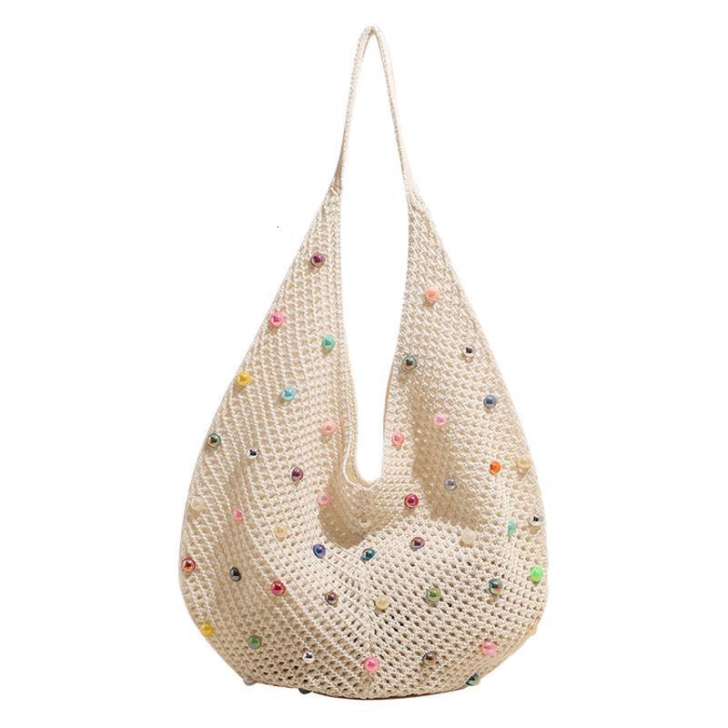 designer Lazy Style Beaded Woven Bag for Women 2025 New Simple Cute Single Shoulder Handbag Large Capacity Tote Bag